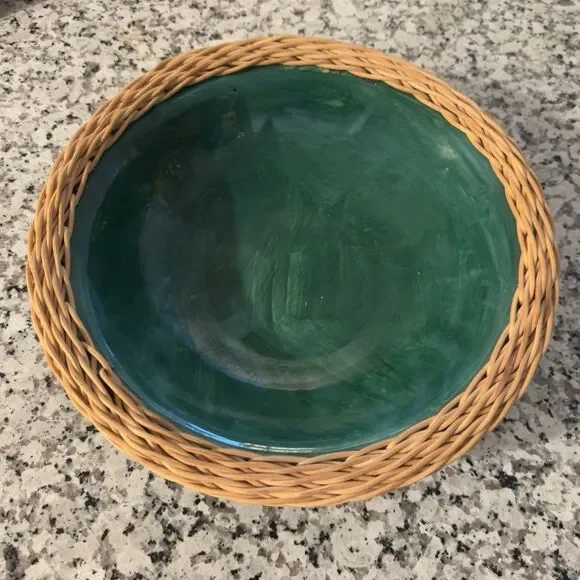 Glazed Forest Green Ceramic Bowl with Woven Wicker Rim with Maker’s Mark - Picture 2 of 4